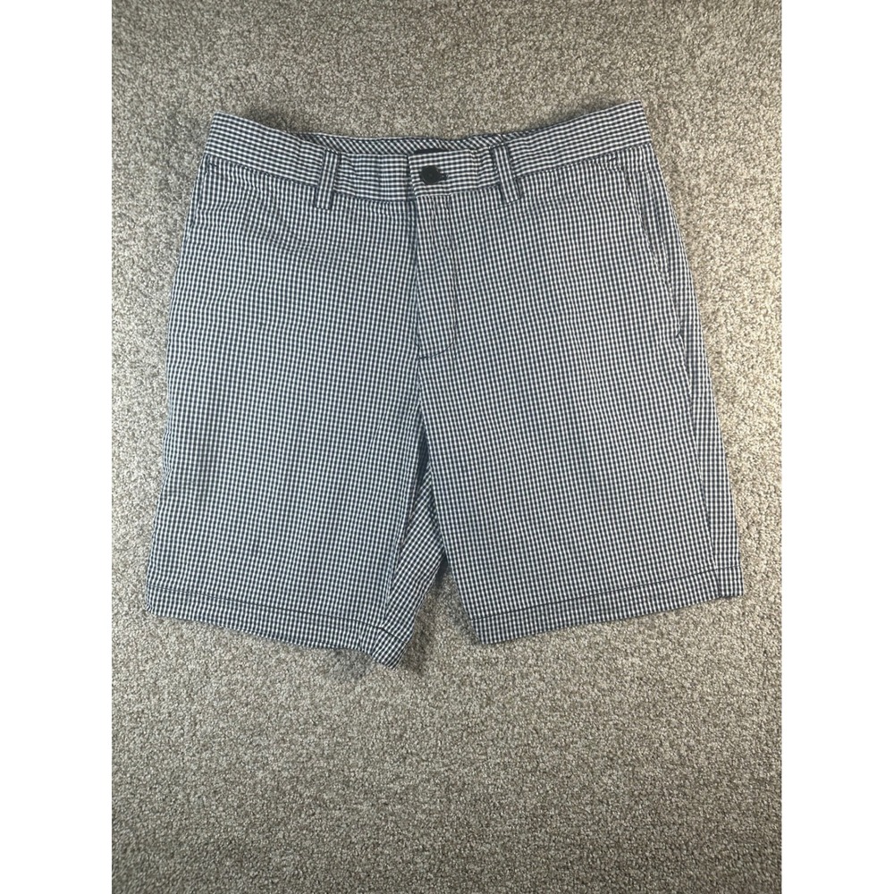 Banana Republic Aiden Short Mens 30 Navy Blue White Gingham Cotton Chino Shorts